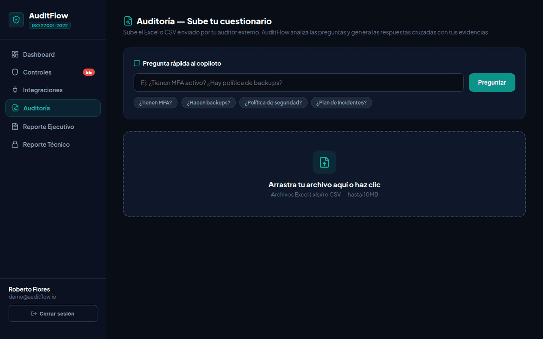 AuditFlow — Auditoría automática con preguntas rápidas y upload del Excel del auditor
